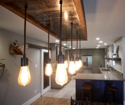 Custom Edison-bulb pendant over island